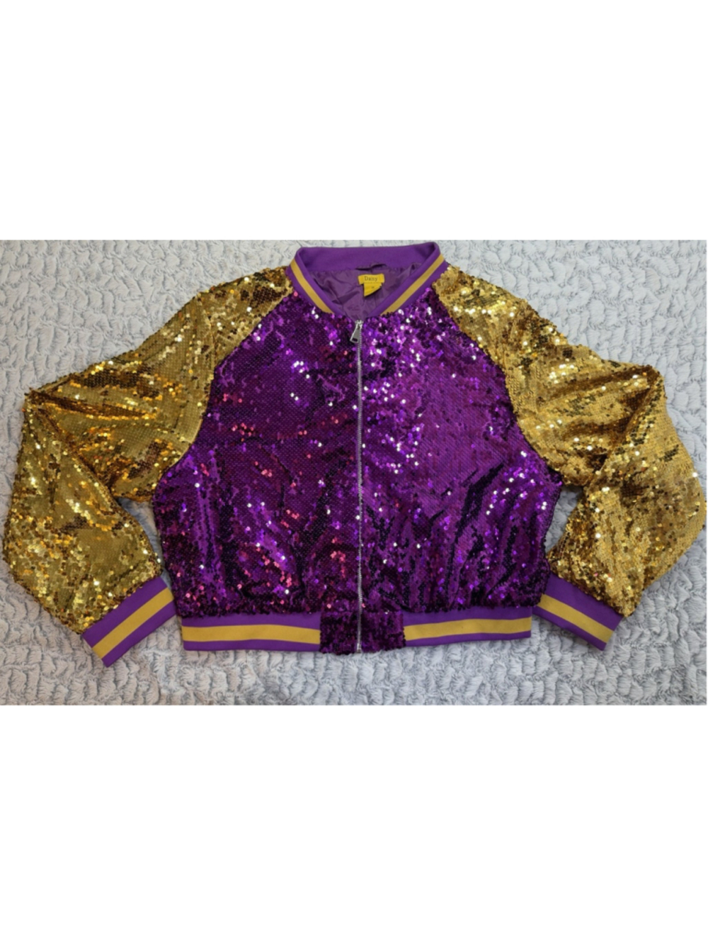 Daisy Purple/Gold Sequin Colorblock Bomber Jacket Full Zip Lined Womens 3X